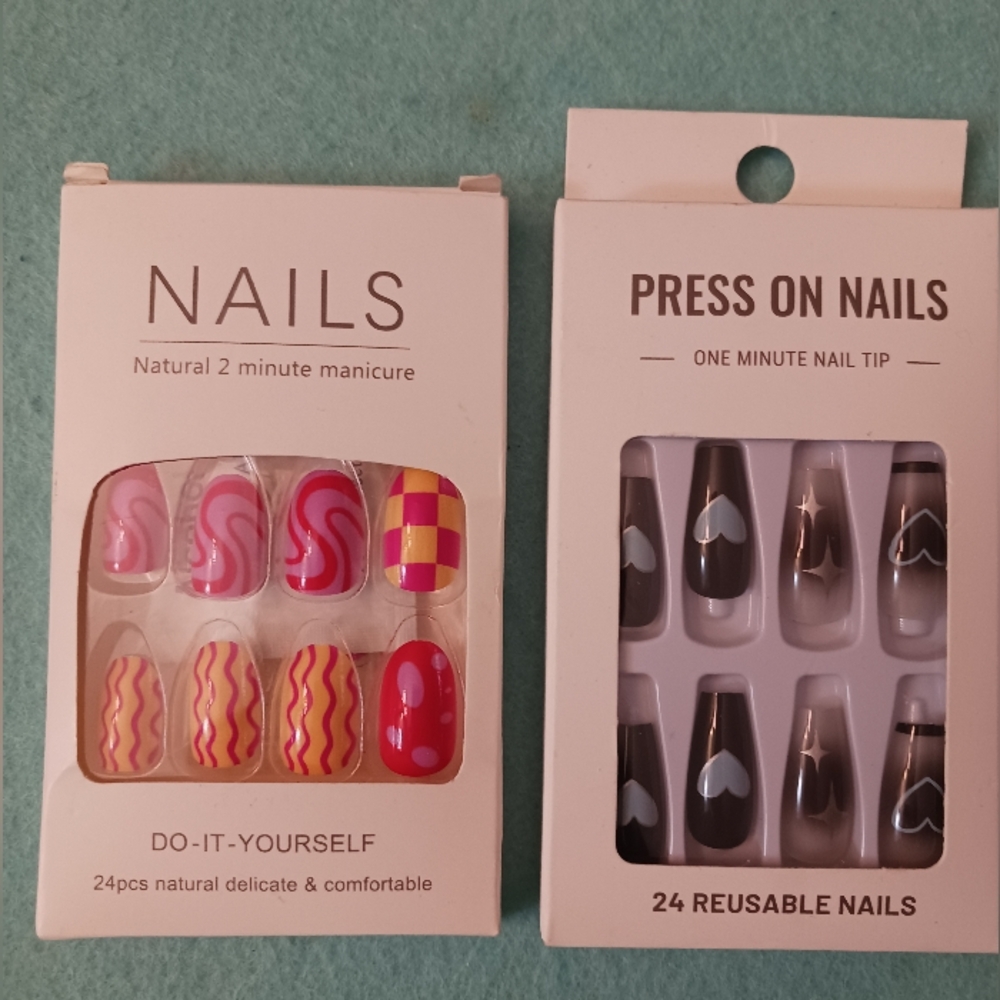 2 Striking Press-On Nail Sets, Bold Brights  & Dark Pop Art , Kits 24 Nails Each